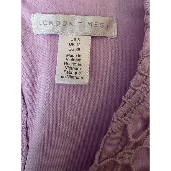 London Times Lace Extended Shoulder V-Neck Shift Dress Lilac Size 8 Worn Once